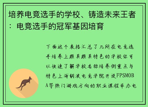 培养电竞选手的学校、铸造未来王者：电竞选手的冠军基因培育